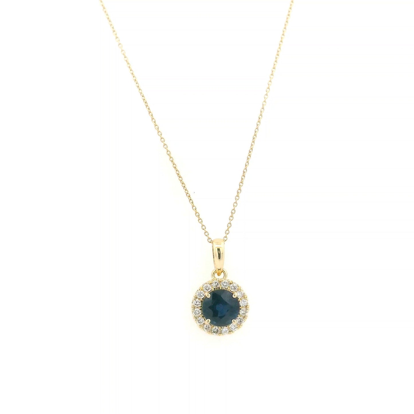 Round blue sapphire diamond halo pendant in 18K white gold.