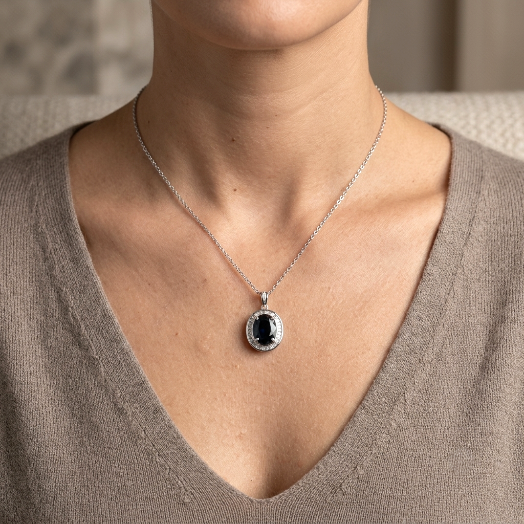 18K white gold oval blue sapphire pendant featuring a 2.71 carat natural blue sapphire surrounded by a baguette diamond halo with 0.32 carat natural diamonds. Pendant only, chain not included.