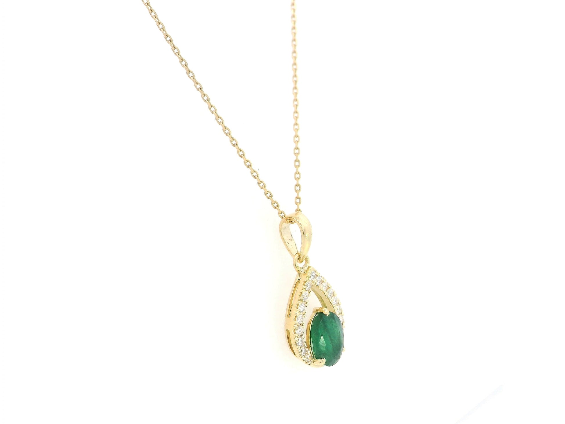 18K yellow gold emerald pendant featuring a 0.91 carat natural emerald surrounded by a teardrop diamond design with 0.13 carat natural diamonds.