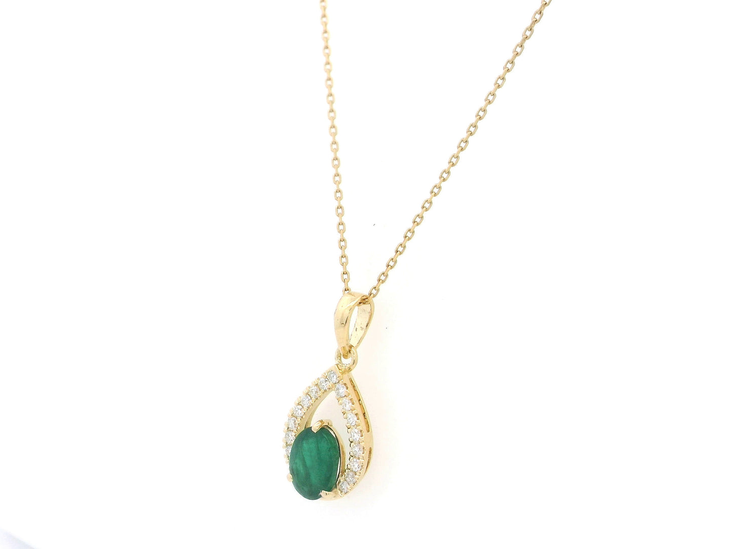 18K yellow gold emerald pendant featuring a 0.91 carat natural emerald surrounded by a teardrop diamond design with 0.13 carat natural diamonds.