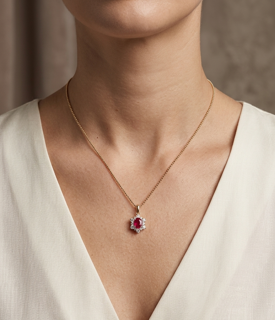 18K yellow gold oval ruby halo pendant featuring a 1.09 carat natural ruby surrounded by 0.48 carat natural diamonds in a floral-inspired halo design, supplied without a chain.