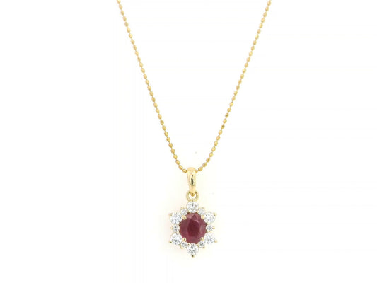 18K yellow gold oval ruby halo pendant featuring a 1.09 carat natural ruby surrounded by 0.48 carat natural diamonds in a floral-inspired halo design, supplied without a chain.