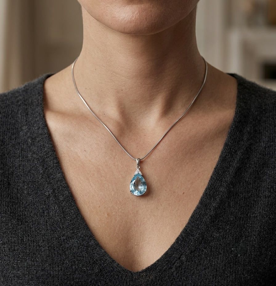 18K white gold pendant featuring a 10.82 carat natural pear-shaped aquamarine accented with 0.13 carat natural round brilliant diamonds. 