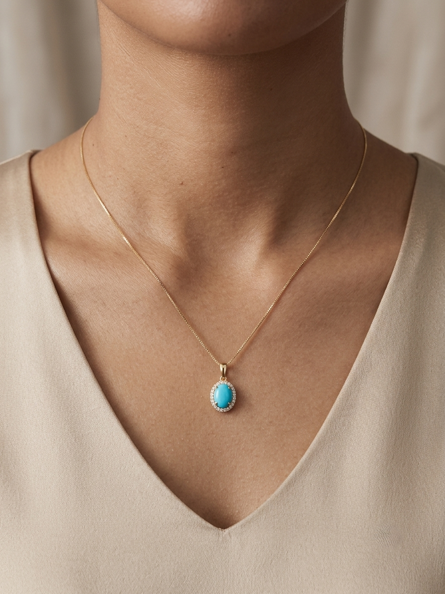Natural turquoise diamond halo pendant in solid 18K yellow gold featuring a 1.22 carat oval turquoise surrounded by 0.12 carat natural diamonds.