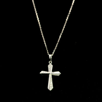 18K white gold diamond cross pendant featuring 0.23 carat natural round brilliant diamonds in a modern geometric cross design.