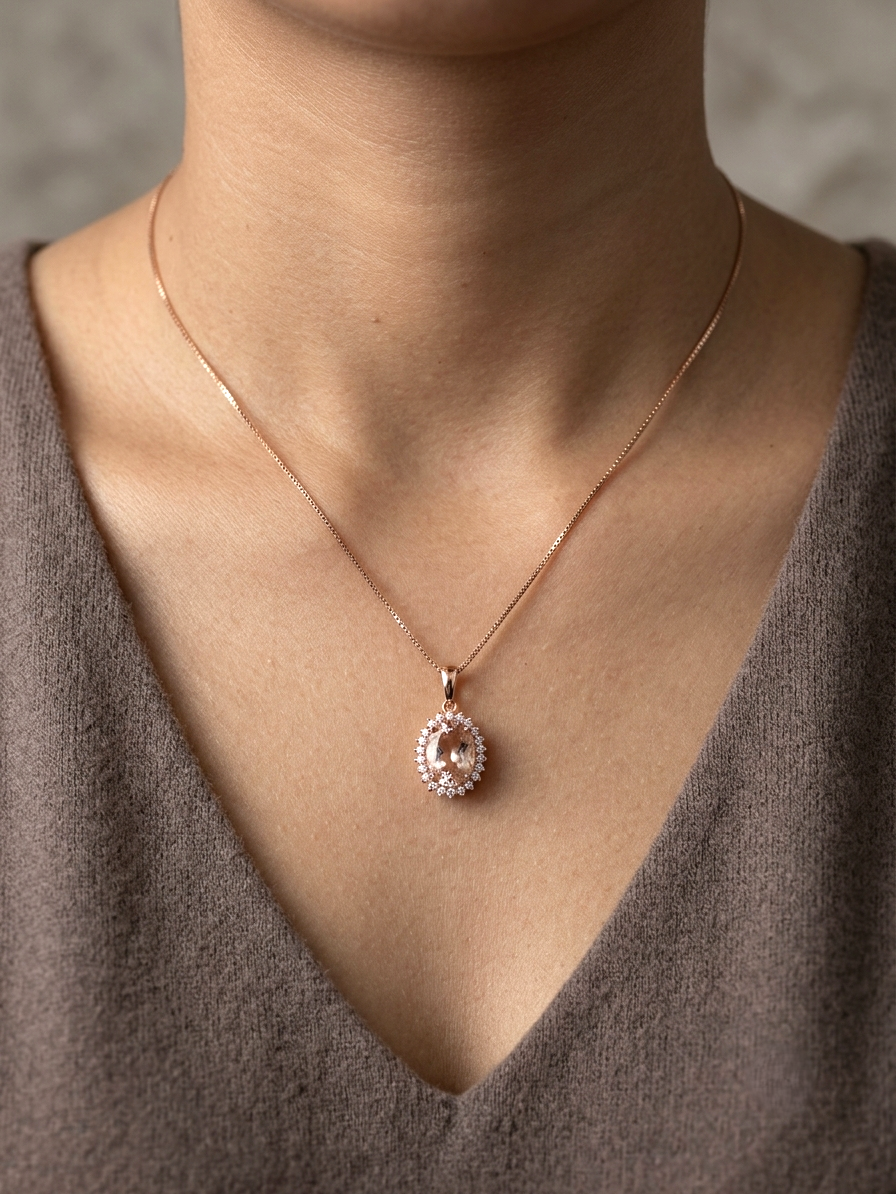 18K rose gold oval Morganite halo pendant featuring a 2.85 carat natural Morganite surrounded by natural diamonds.
