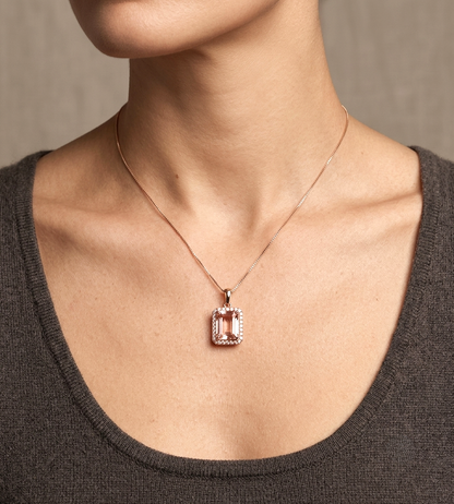 18K rose gold emerald cut Morganite halo pendant featuring a 3.58 carat natural Morganite surrounded by natural diamonds.