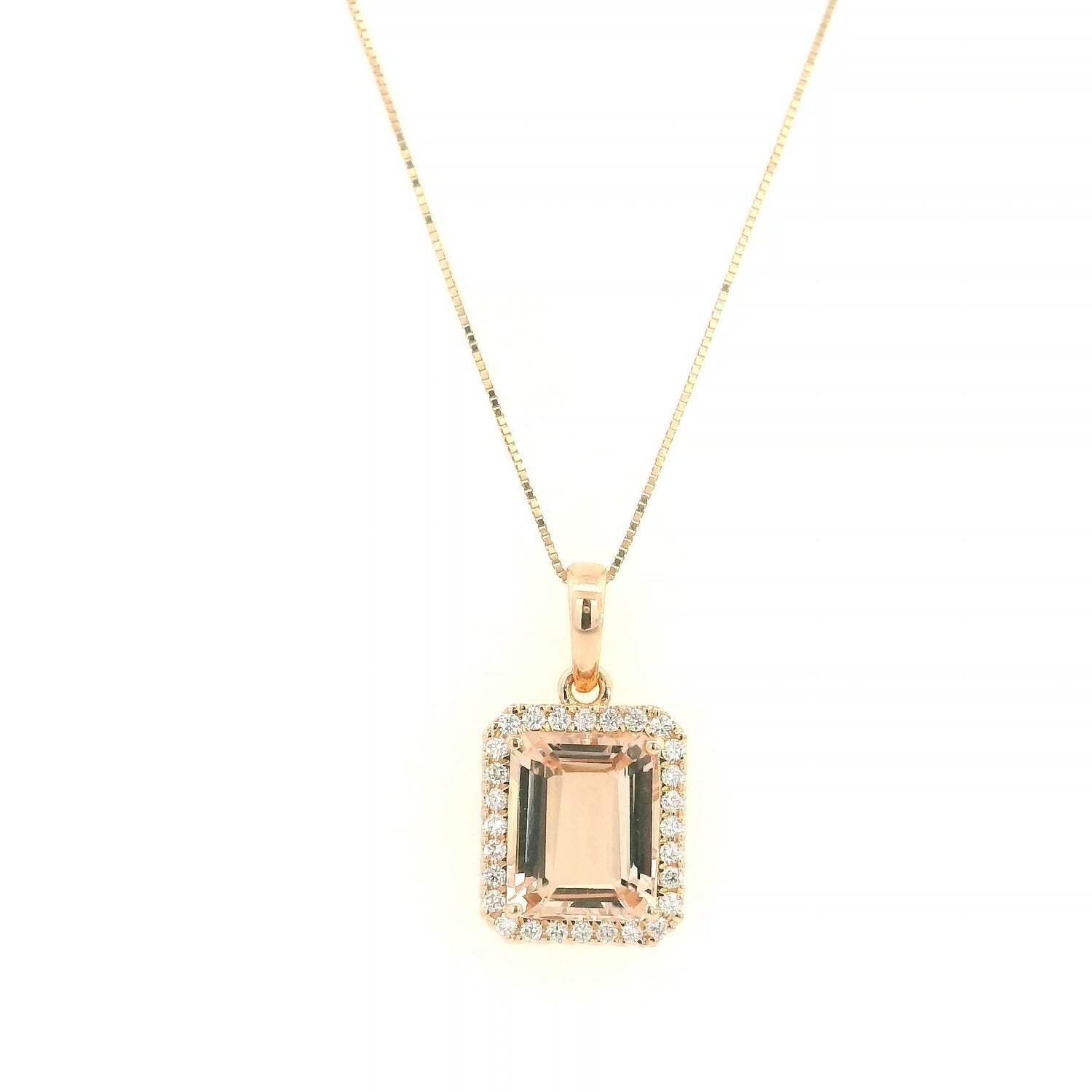 18K rose gold emerald cut Morganite halo pendant featuring a 3.58 carat natural Morganite surrounded by natural diamonds.