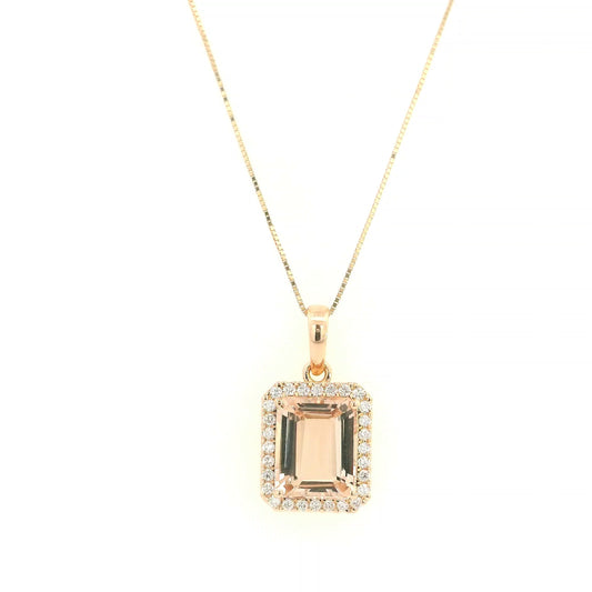 18K rose gold emerald cut Morganite halo pendant featuring a 3.58 carat natural Morganite surrounded by natural diamonds.