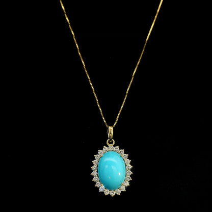 Oval turquoise and diamond halo pendant in 18K yellow gold with 3.81 carat turquoise and round diamonds