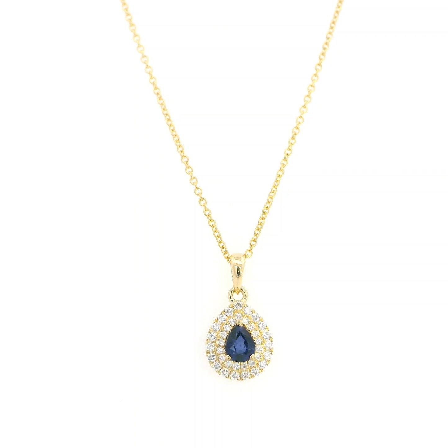 Pear shaped blue sapphire and double diamond halo pendant in 18K yellow gold