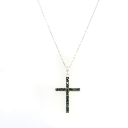 Black diamond cross pendant in 18K white gold set with round black diamonds in a slender cross design.