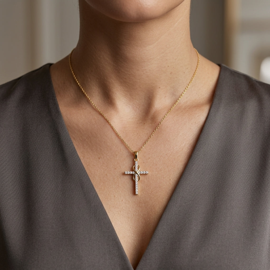 Diamond cross pendant in 18K yellow gold with round brilliant diamonds and an intertwined gold centre design