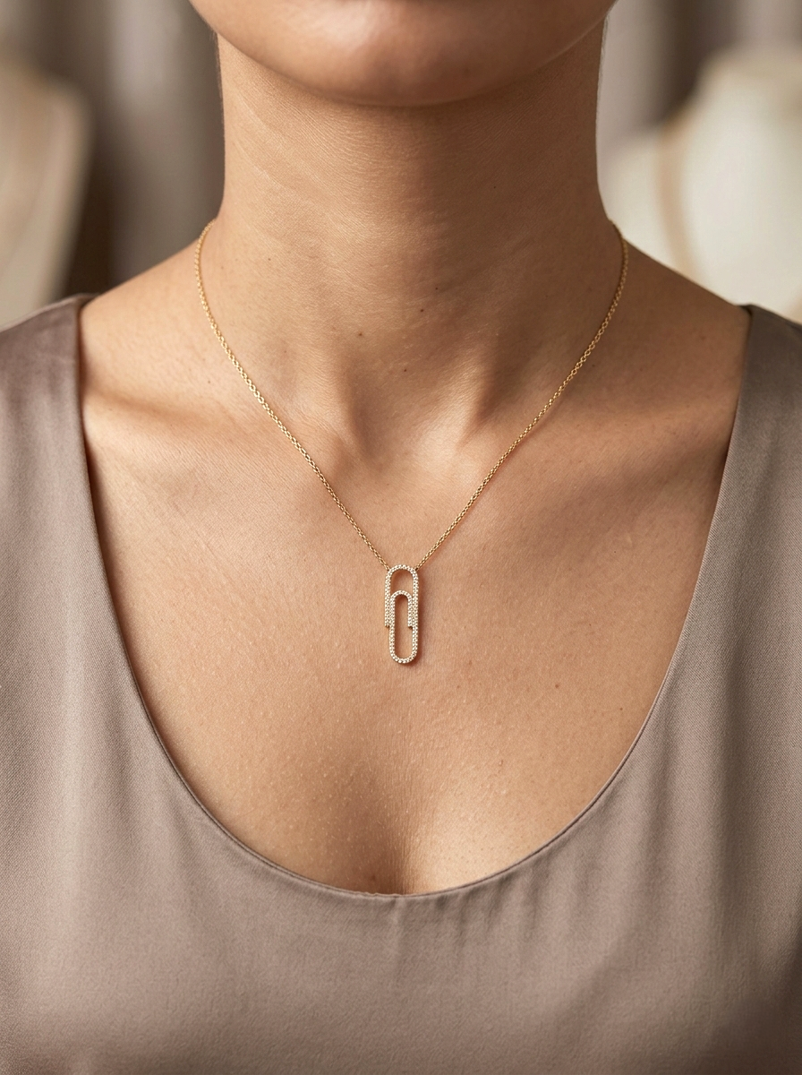 Diamond paperclip pendant necklace in 18K yellow gold with 0.23 carat diamonds by Emirates Diamonds.