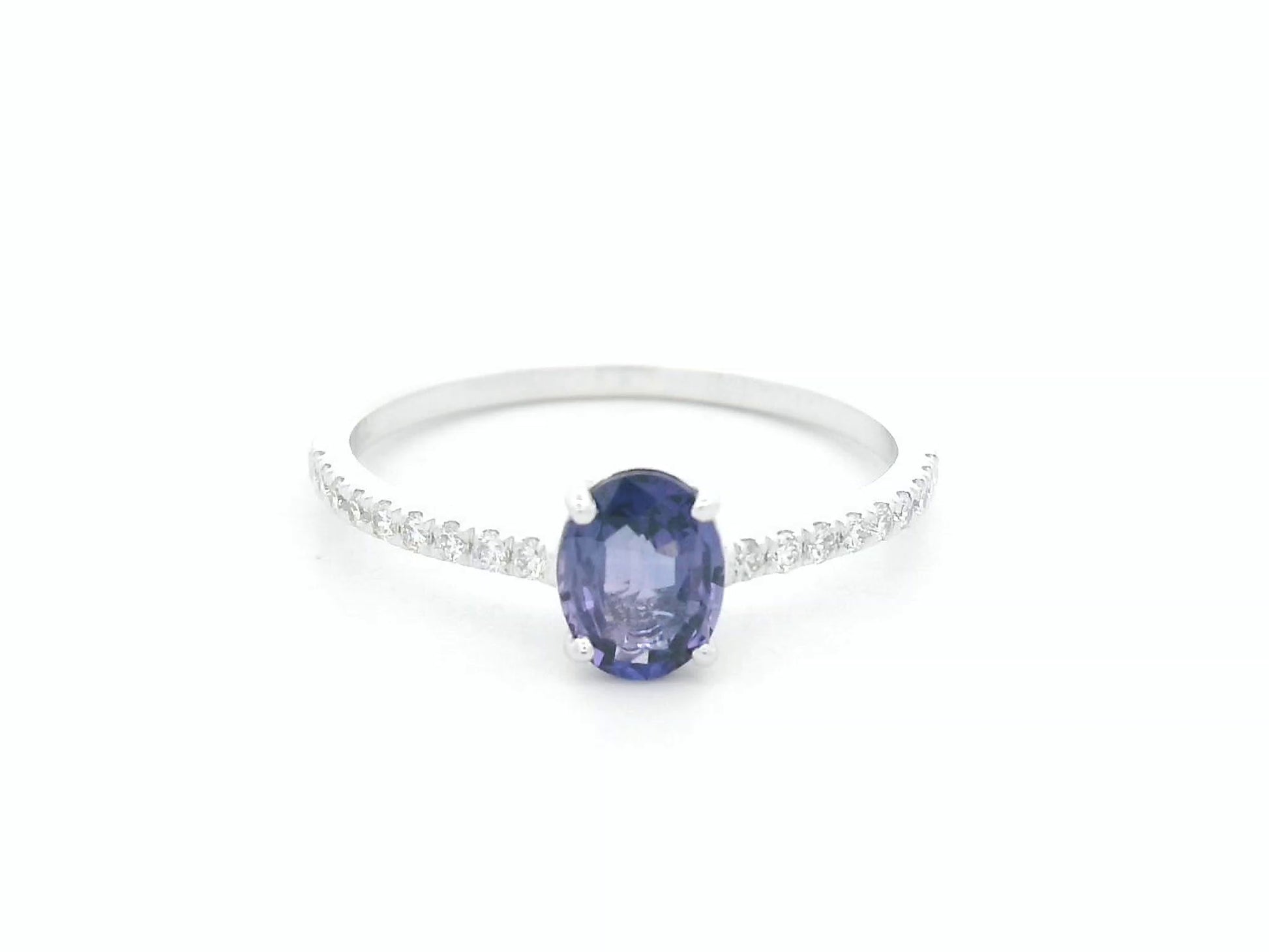 Oval purple sapphire diamond ring in 18K white gold elegant minimal design