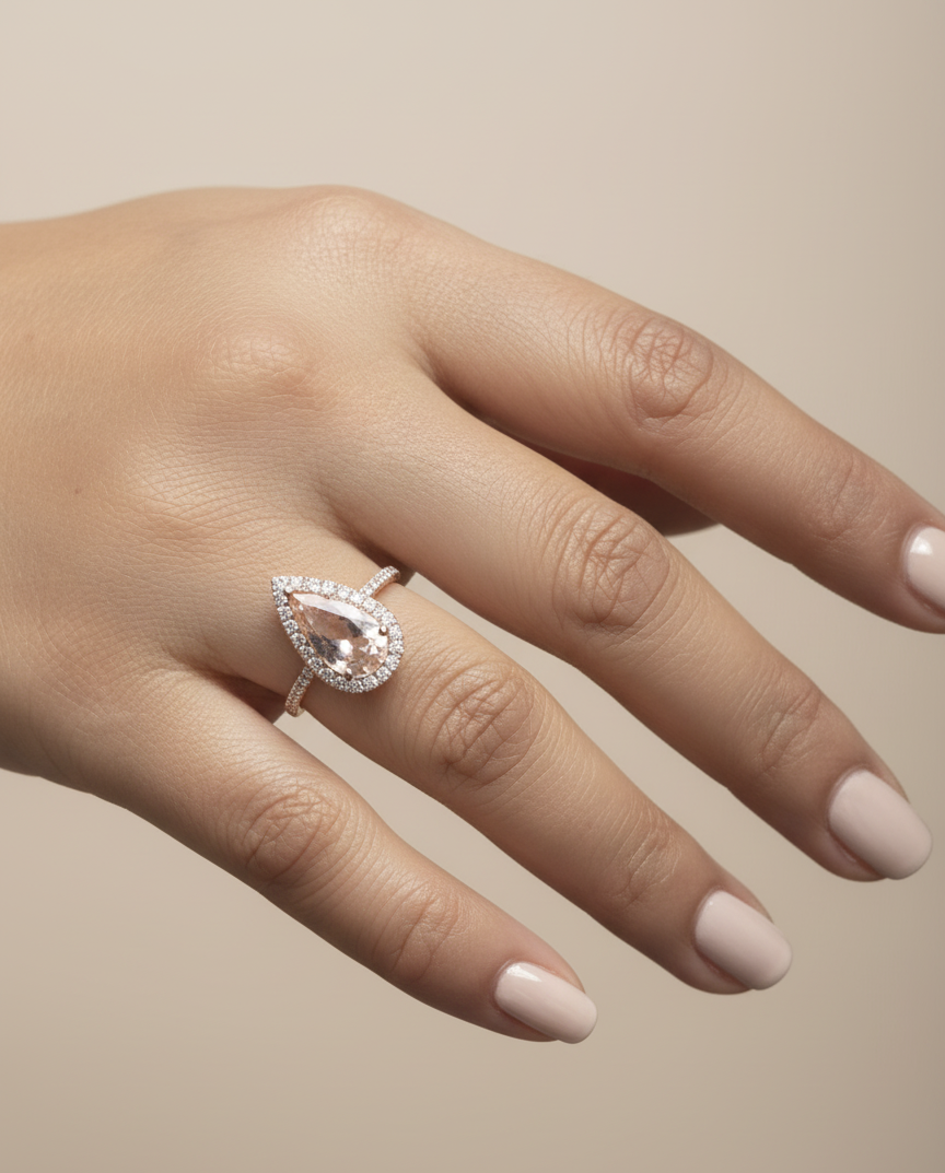 18K rose gold pear-cut morganite and diamond halo ring – 1.91ct morganite, 0.49ct diamonds – Emirates Diamonds