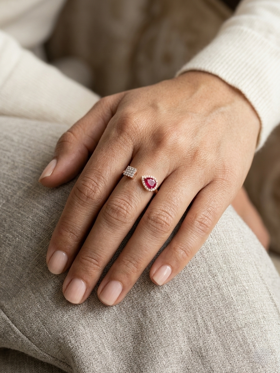 Ruby and diamond open ring in 18K rose gold with pear-shaped ruby and pavé diamond accent – Emirates Diamonds