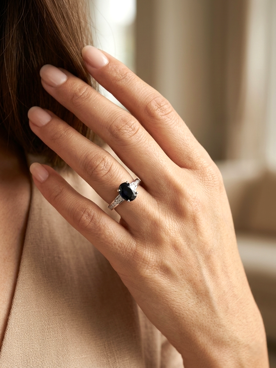 Oval blue sapphire ring 2.33 carat with diamond accents in 18K white gold by Emirates Diamonds