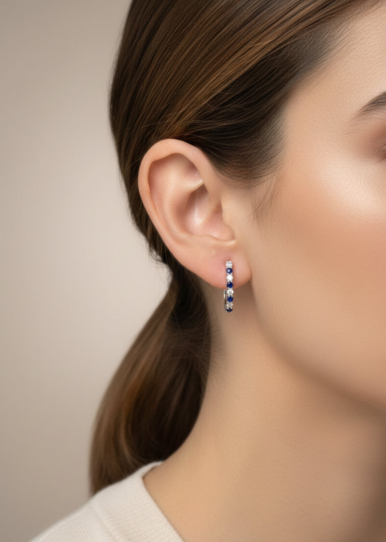 Blue sapphire and diamond hoop earrings in 18K white gold alternating design – Emirates Diamonds
