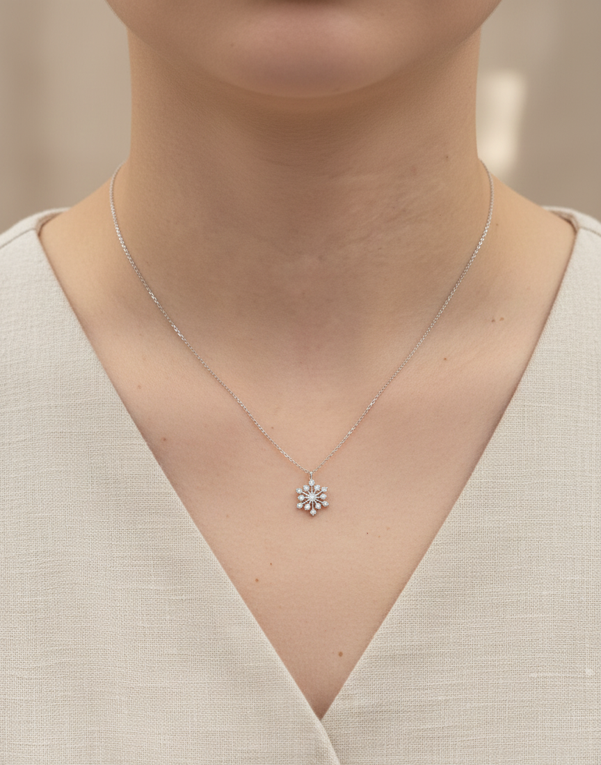 Diamond snowflake pendant necklace in 18K white gold with natural diamonds by Emirates Diamonds