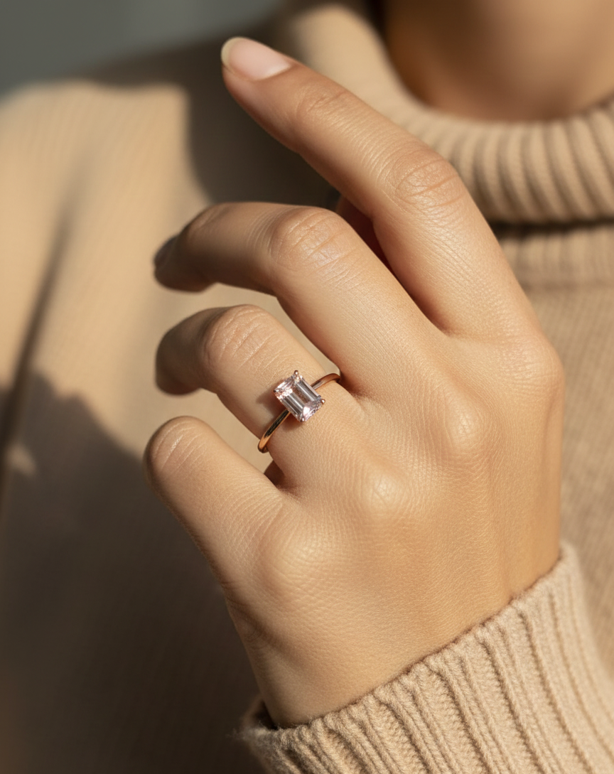 Emerald cut morganite ring 1.36 carat in 18K rose gold by Emirates Diamonds