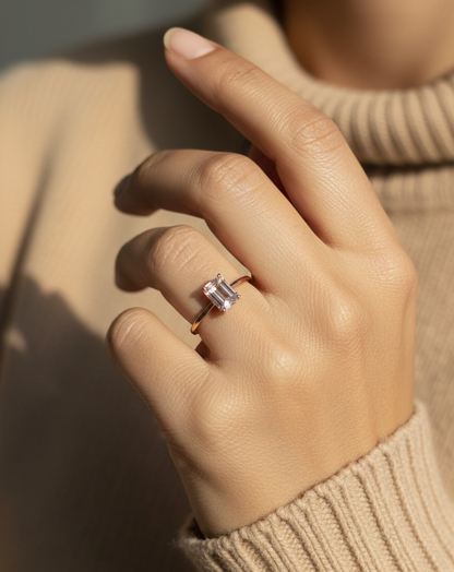 Emerald cut morganite ring 1.36 carat in 18K rose gold by Emirates Diamonds