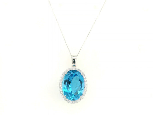 Swiss blue topaz diamond halo pendant in 18K white gold featuring a 21.51 carat oval Swiss blue topaz and 0.76 carats of diamonds by Emirates Diamonds.