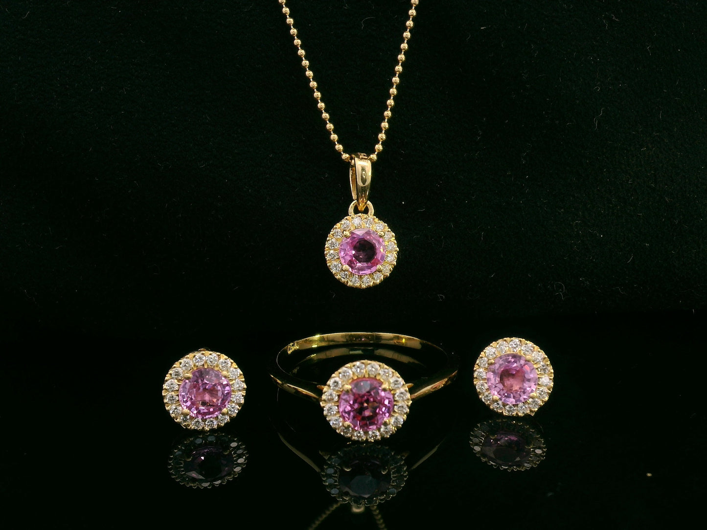 Pink Sapphire & Diamond Halo Stud Earrings in 18K Yellow Gold