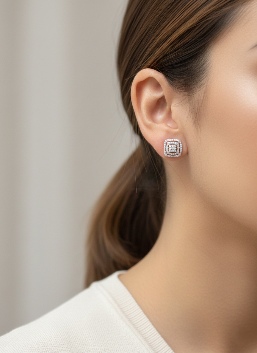 Diamond cluster stud earrings 0.64 carat in 18K white gold by Emirates Diamonds