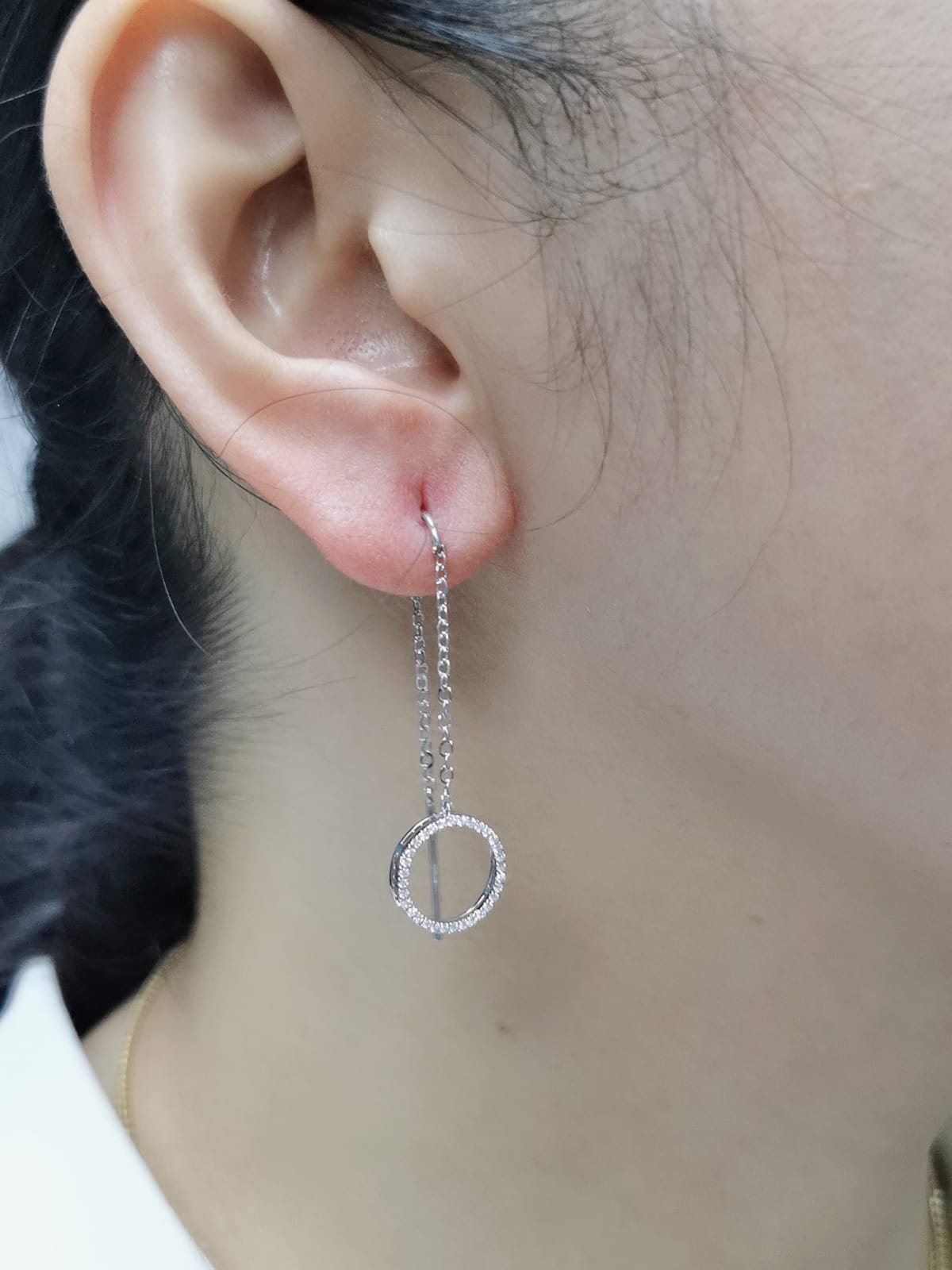 Needle And Thread Earrings With Diamond Open Circle Charms In 18k White Gold.