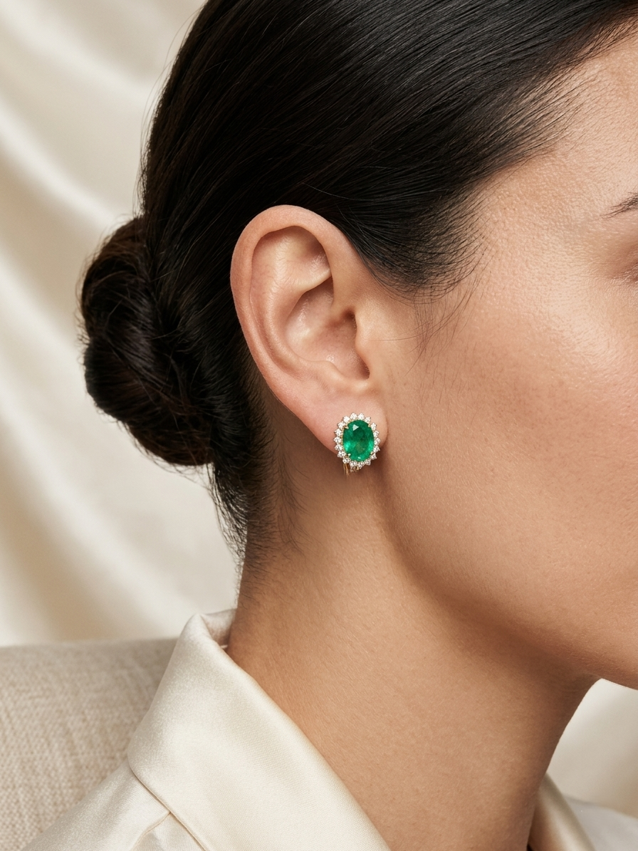 Emerald and diamond halo stud earrings in 18K white gold featuring 2.31 carat emeralds and 0.36 carat diamonds by Emirates Diamonds.