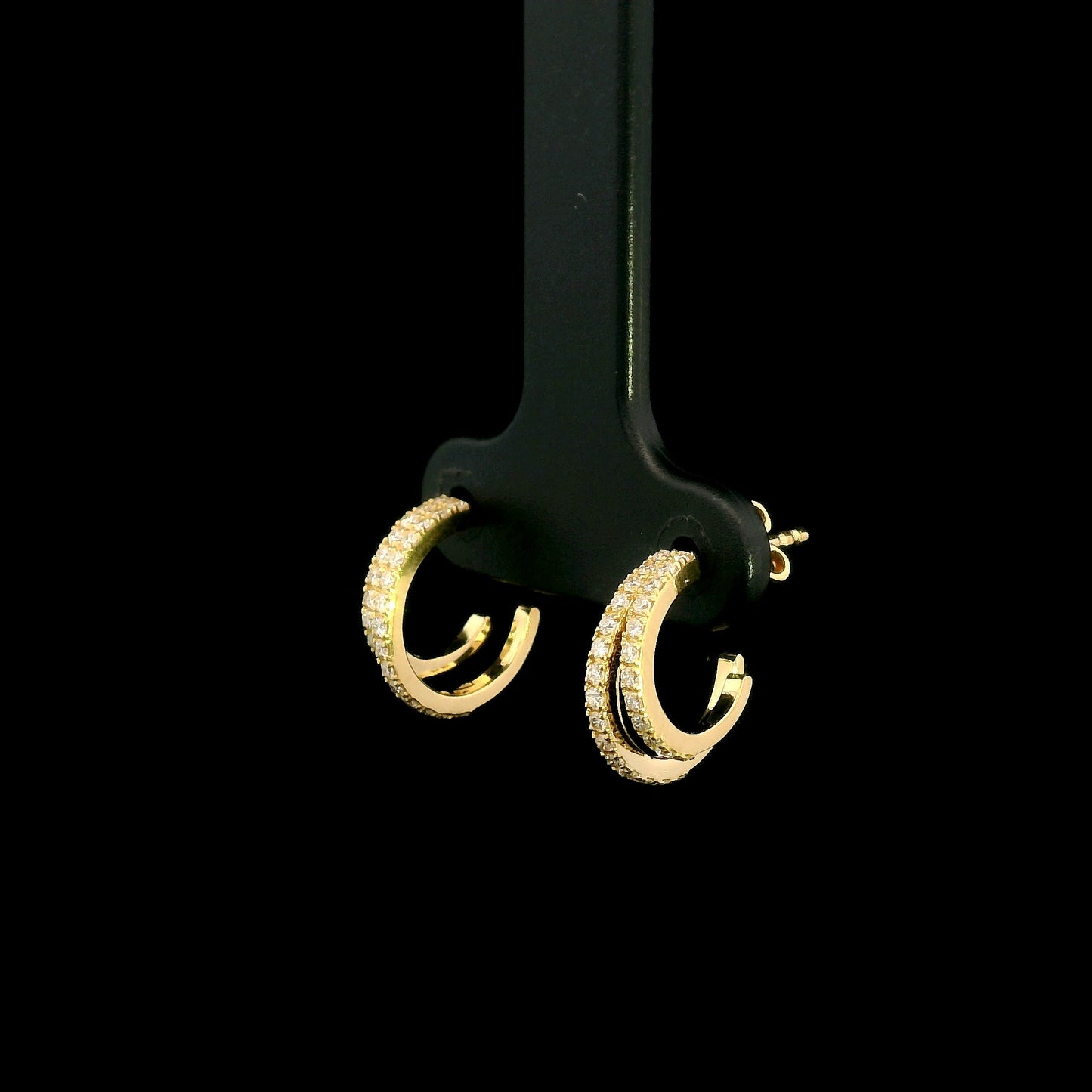 Double row diamond earrings in 18K yellow gold with curved parallel rows of round diamonds