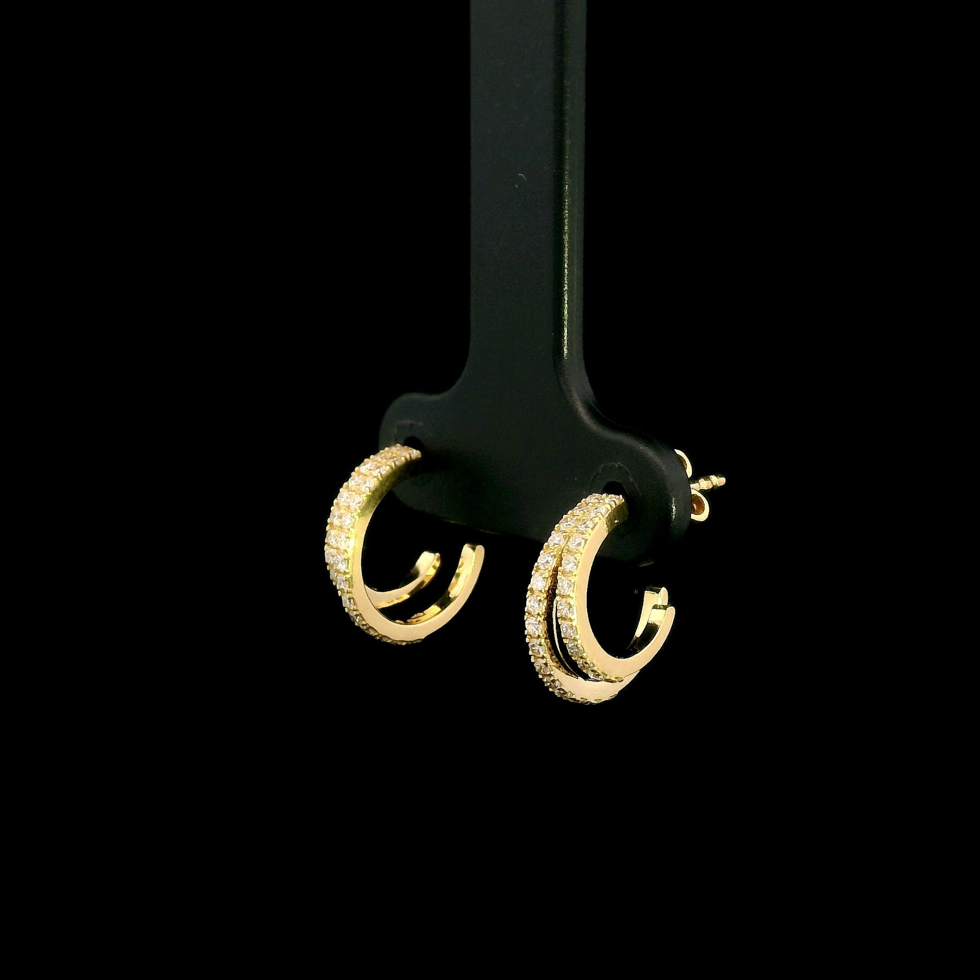 Double row diamond earrings in 18K yellow gold with curved parallel rows of round diamonds