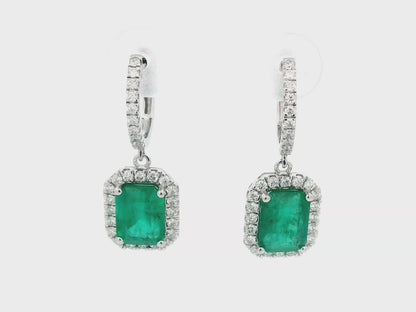 Elegant 18k White Gold Emerald & Diamond Drop Earrings