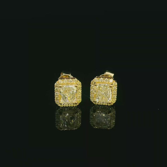 Elegant diamond halo studs with radiant fancy yellow diamonds
