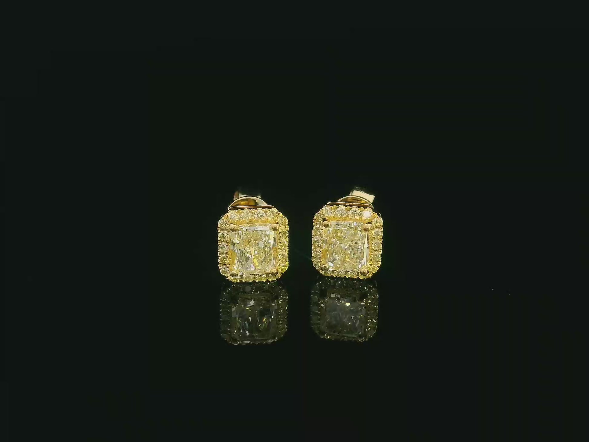 Elegant diamond halo studs with radiant fancy yellow diamonds