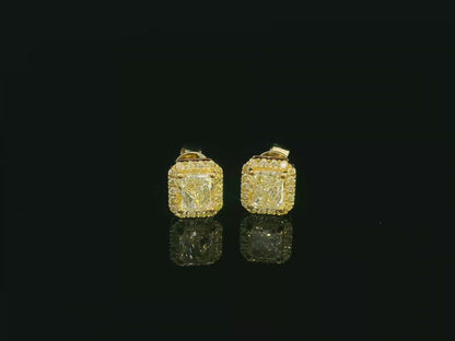 Elegant diamond halo studs with radiant fancy yellow diamonds