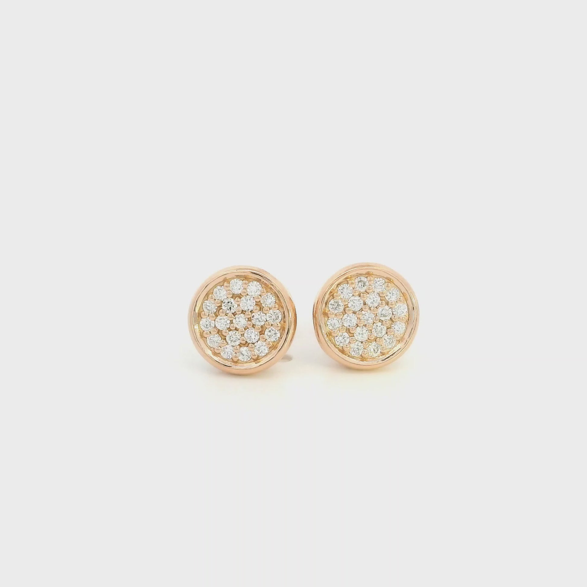Round diamond cluster stud earrings in 18K rose gold with multiple round diamonds and polished gold border
