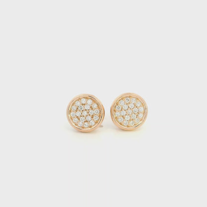 Round diamond cluster stud earrings in 18K rose gold with multiple round diamonds and polished gold border