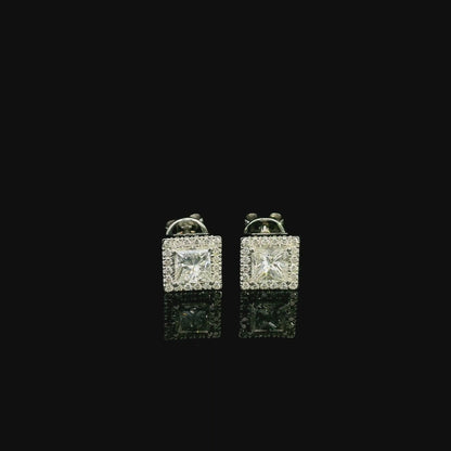 18K White Gold Princess Cut Halo Diamond Stud Earrings