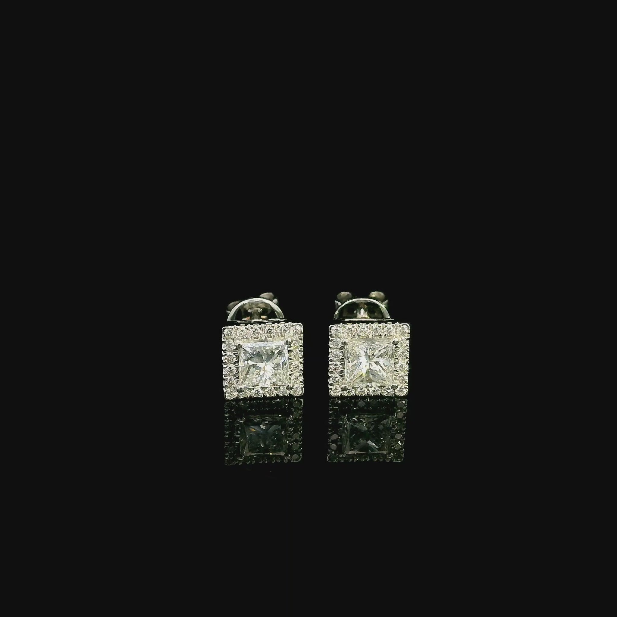 18K White Gold Princess Cut Halo Diamond Stud Earrings