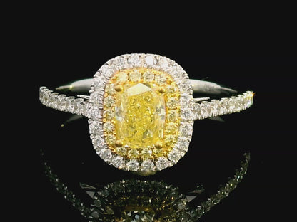 Exquisite Fancy Yellow Diamond Halo Ring in 18k Gold.