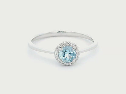 18K Gold Aquamarine Engagement Ring with Diamond Halo – 0.34 Carat Round Cut Gemstone