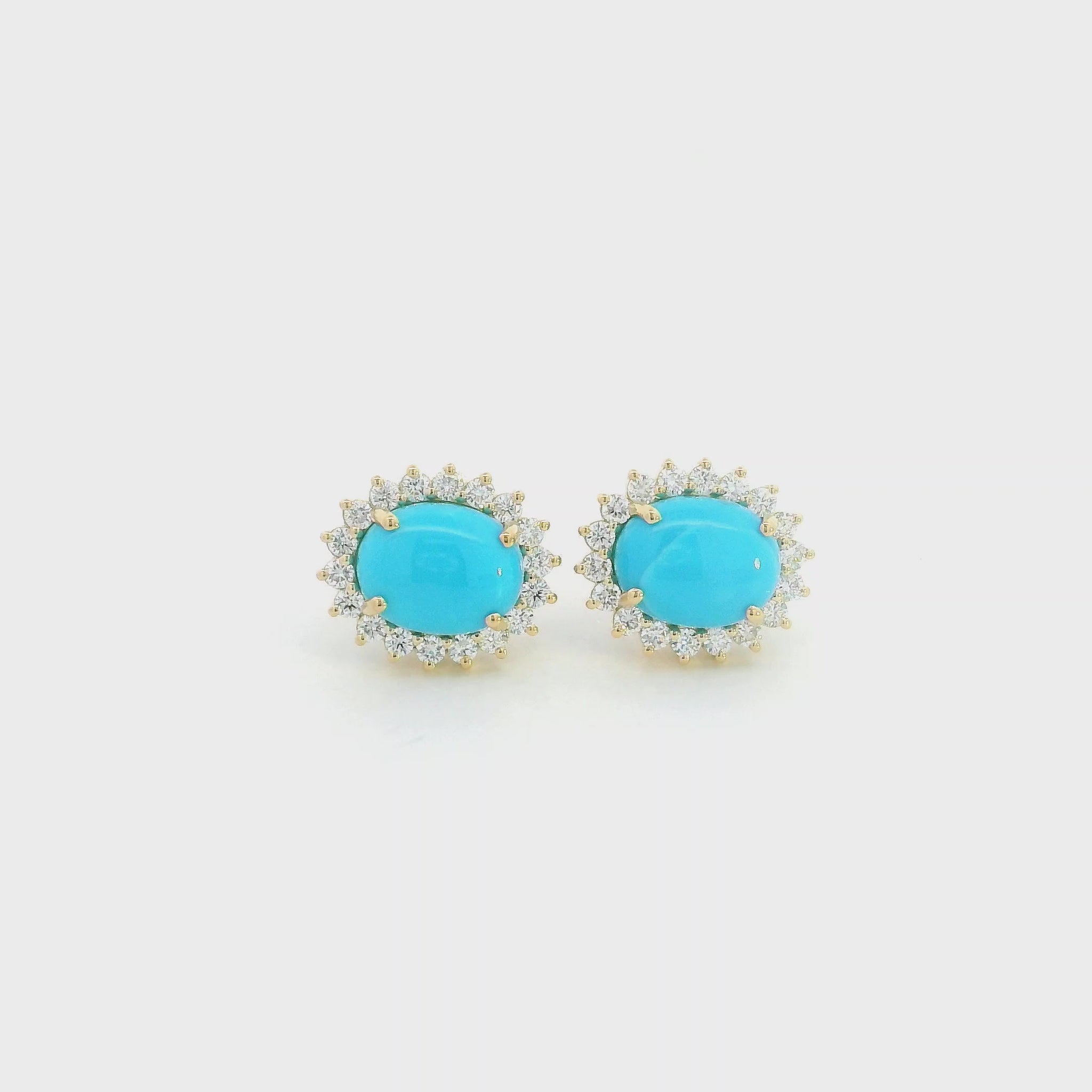 Turquoise and diamond halo stud earrings in 18K yellow gold