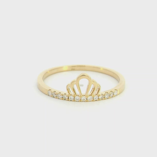 18K yellow gold diamond crown ring with minimalist pavé diamond design.