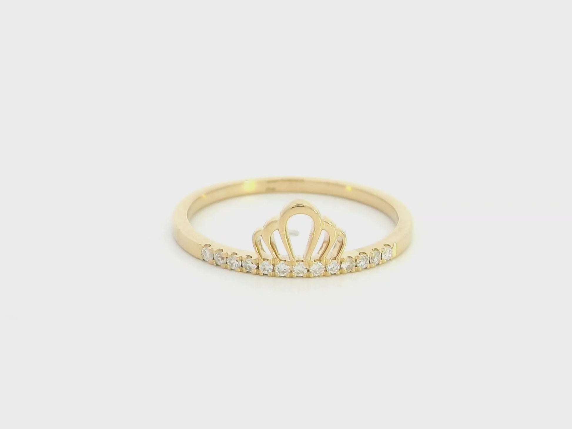 18K yellow gold diamond crown ring with minimalist pavé diamond design.