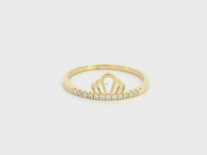 18K yellow gold diamond crown ring with minimalist pavé diamond design.
