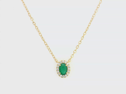 18K Gold Oval-Cut Emerald and Diamond Halo Birthstone Pendant – 0.40ct Emerald, 0.13ct Diamonds