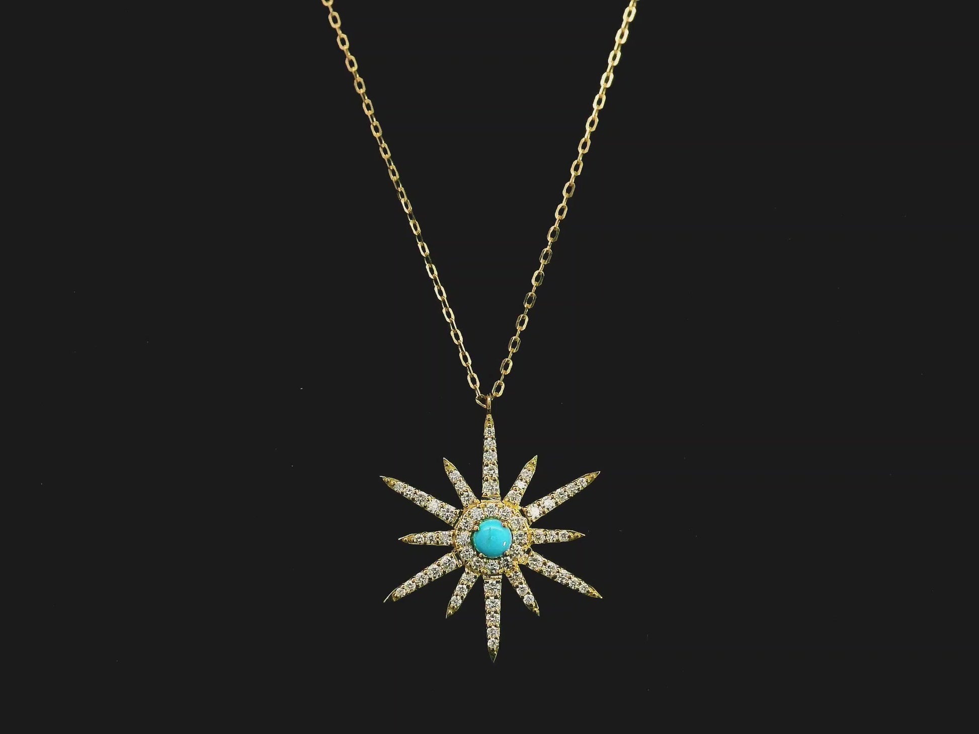 Turquoise and diamond starburst pendant in 18K yellow gold by Emirates Diamonds