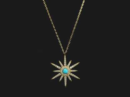 Turquoise and diamond starburst pendant in 18K yellow gold by Emirates Diamonds